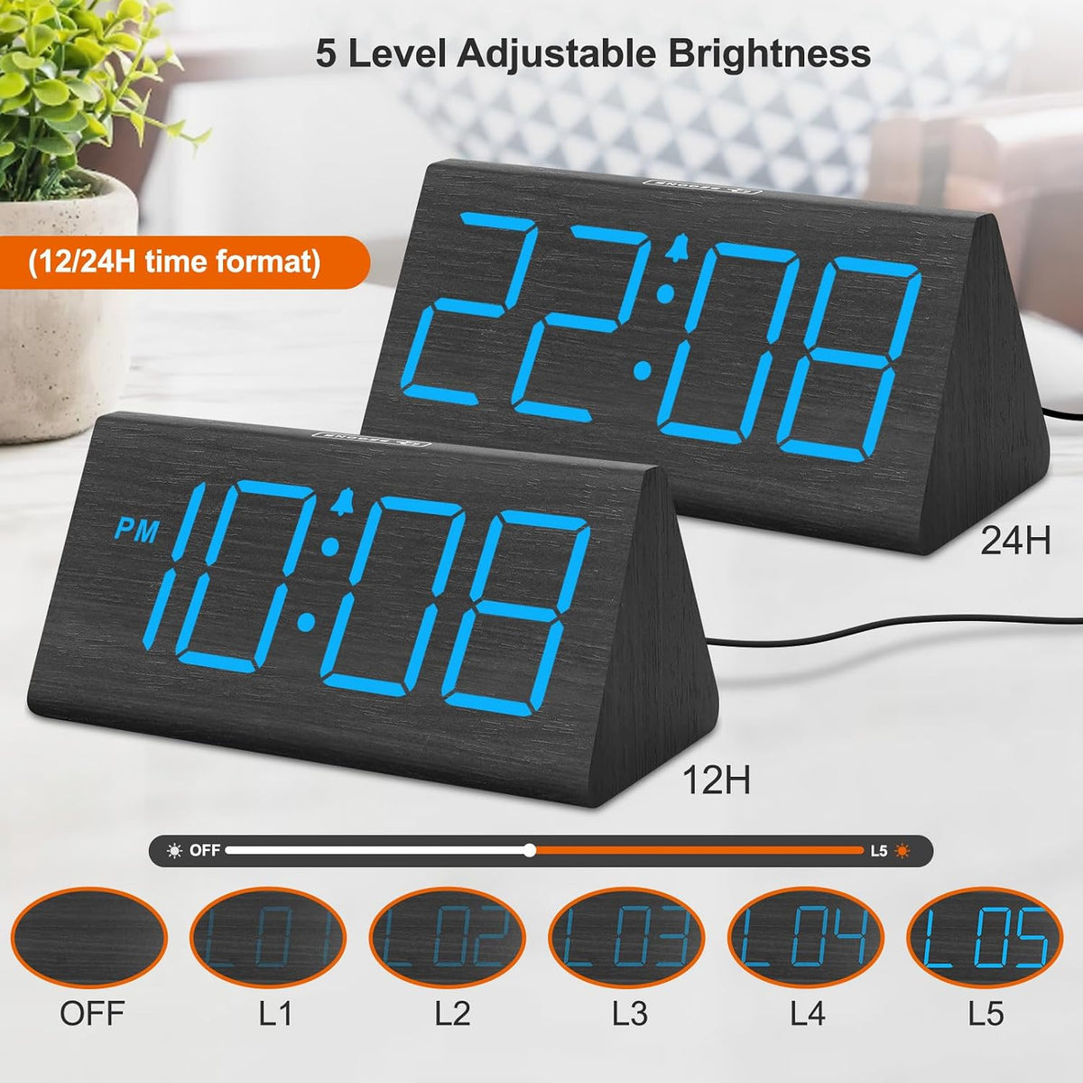 Wooden Digital Alarm Clock for Bedroom Living Room, Large Numbers