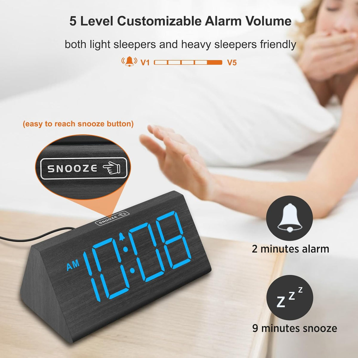 Wooden Digital Alarm Clock for Bedroom Living Room, Large Numbers