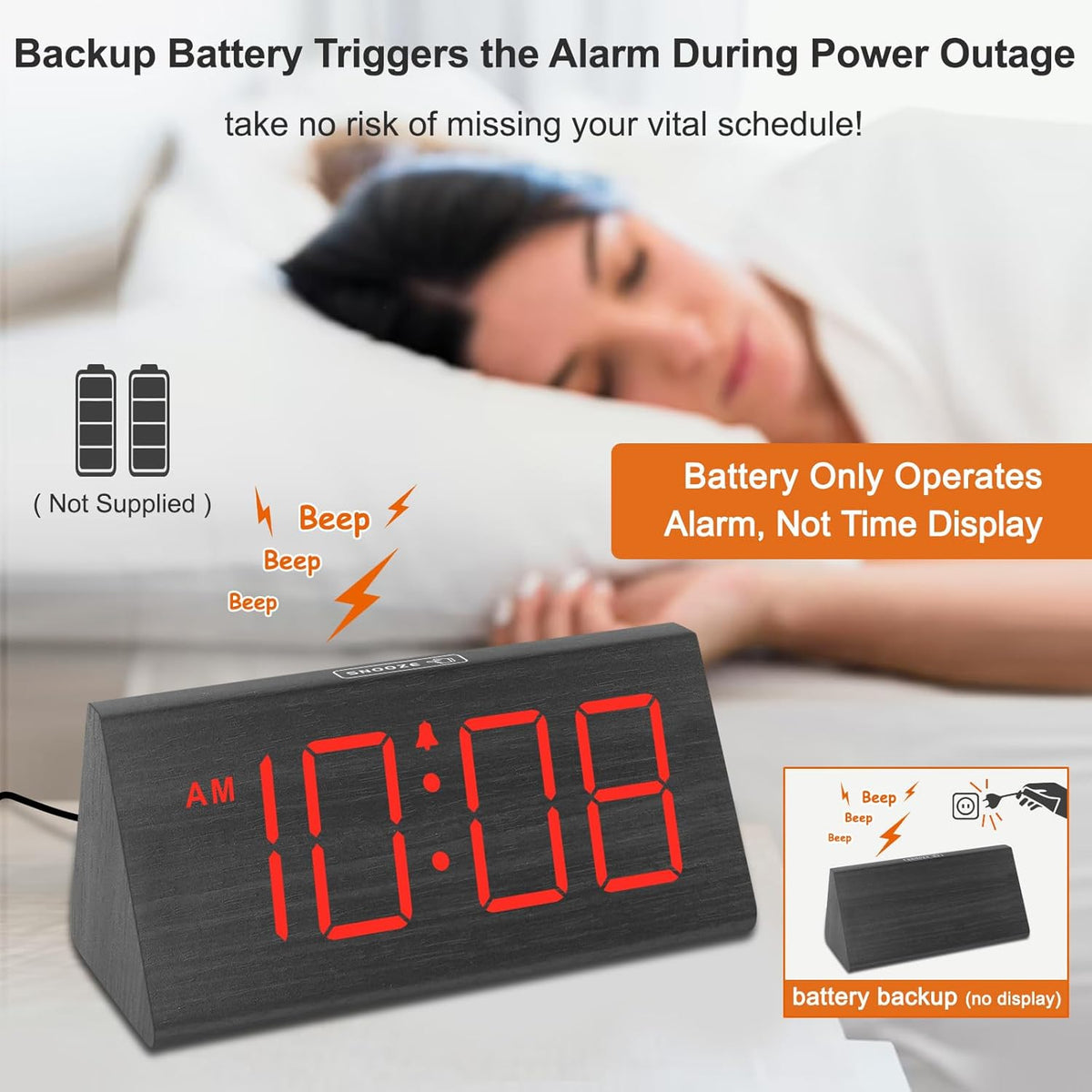 Wooden Digital Alarm Clock for Bedroom Living Room, Large Numbers