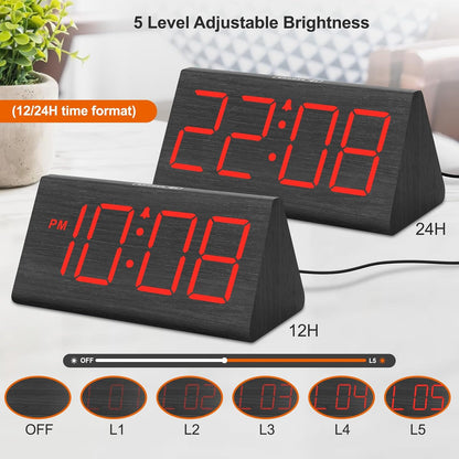 Wooden Digital Alarm Clock for Bedroom Living Room, Large Numbers
