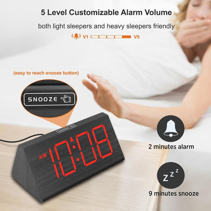 Wooden Digital Alarm Clock for Bedroom Living Room, Large Numbers