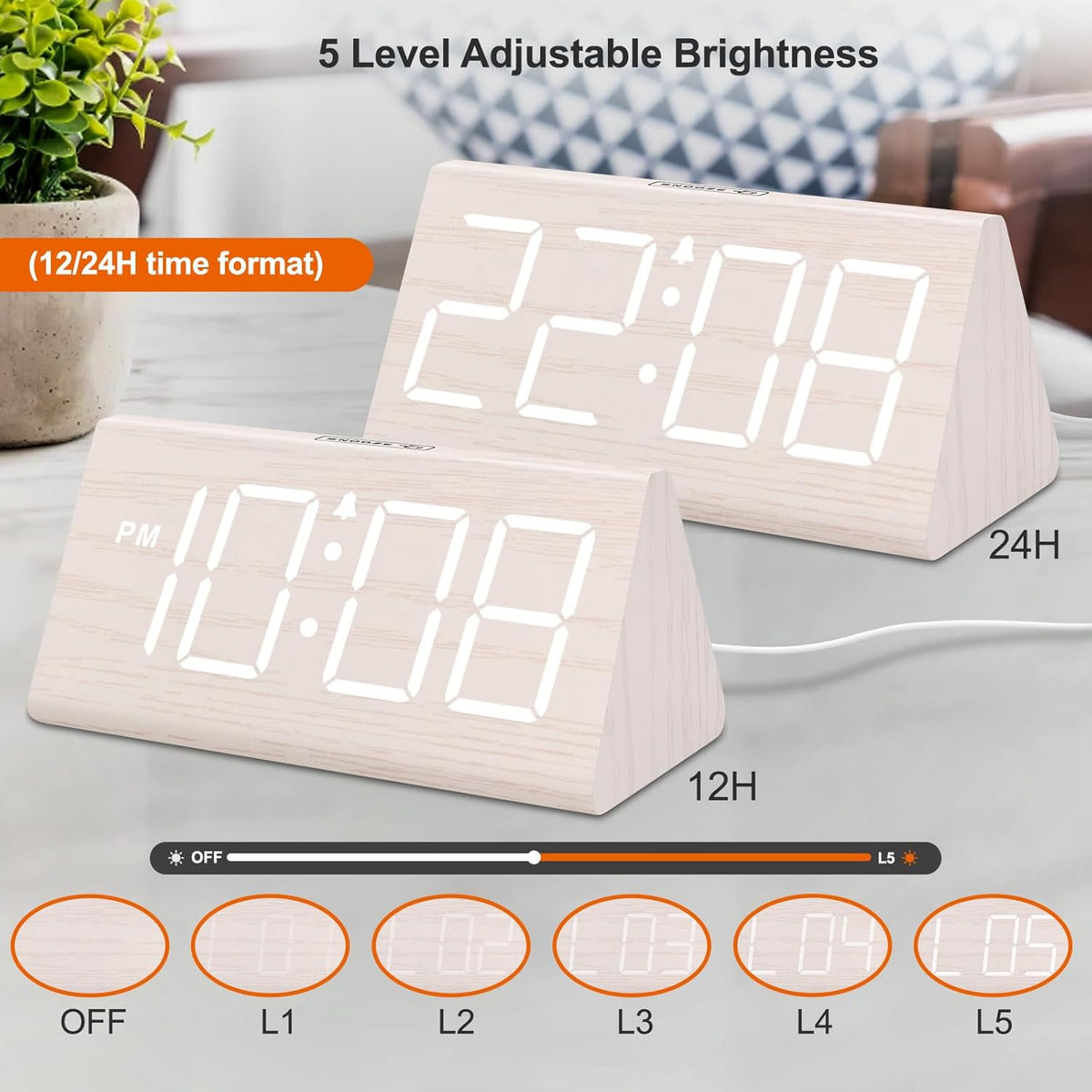 Wooden Digital Alarm Clock for Bedroom Living Room, Large Numbers