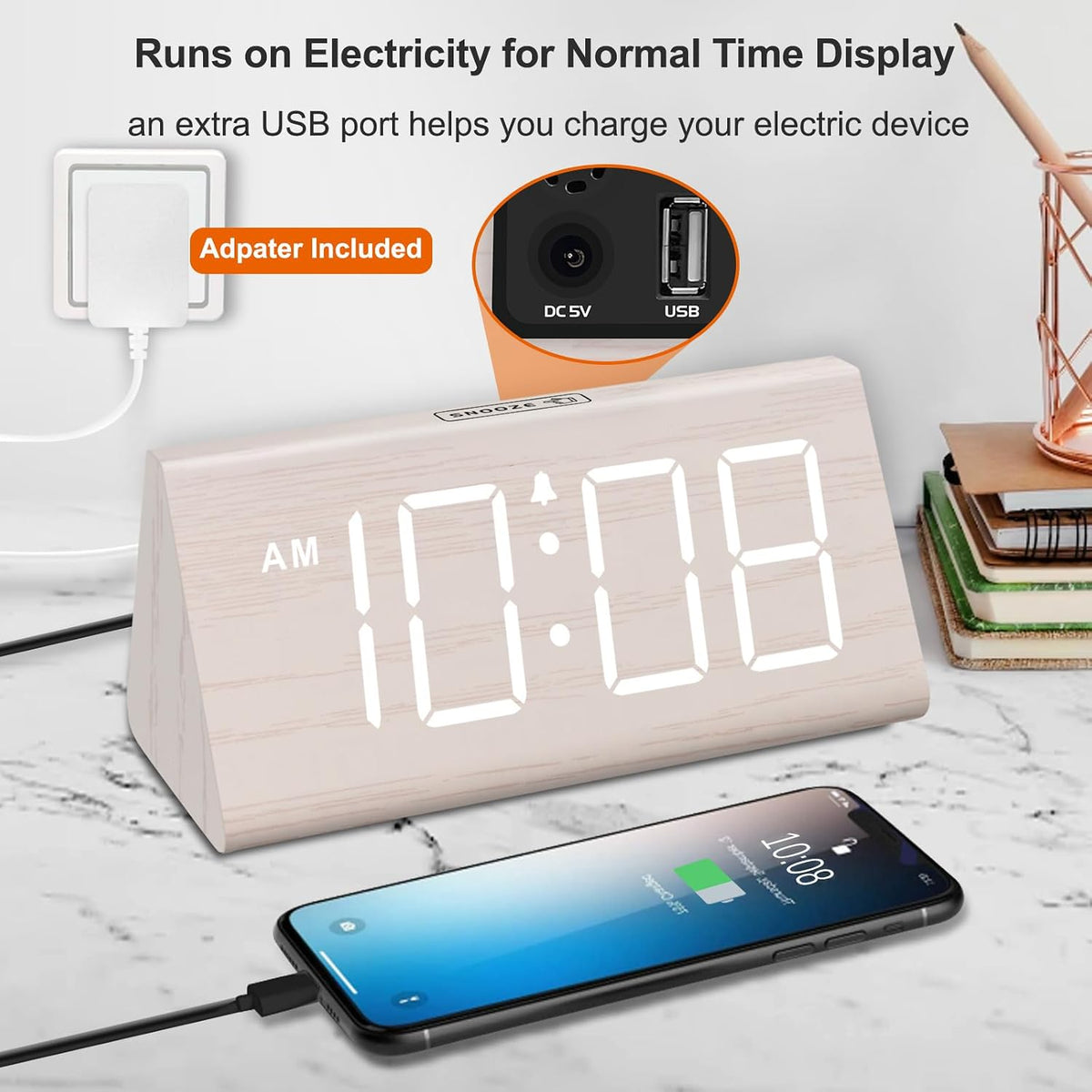 Wooden Digital Alarm Clock for Bedroom Living Room, Large Numbers