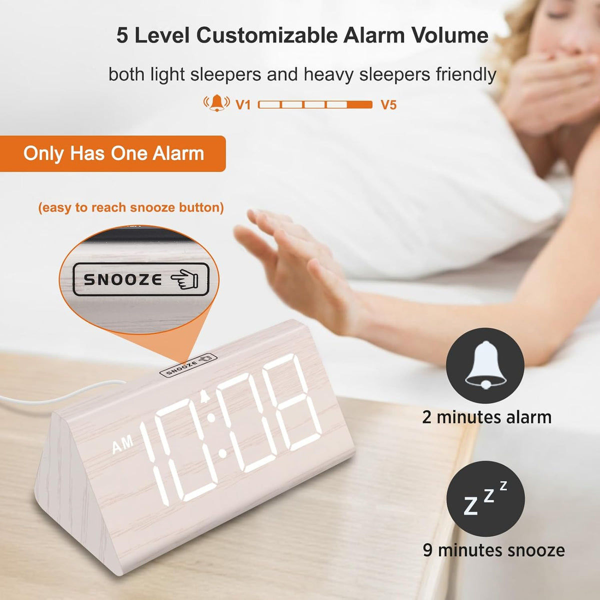 Wooden Digital Alarm Clock for Bedroom Living Room, Large Numbers