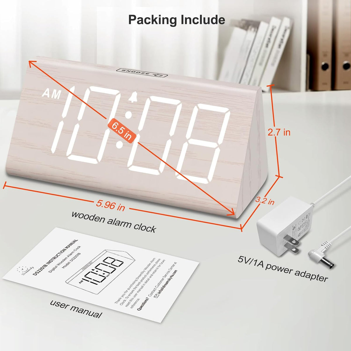 Wooden Digital Alarm Clock for Bedroom Living Room, Large Numbers