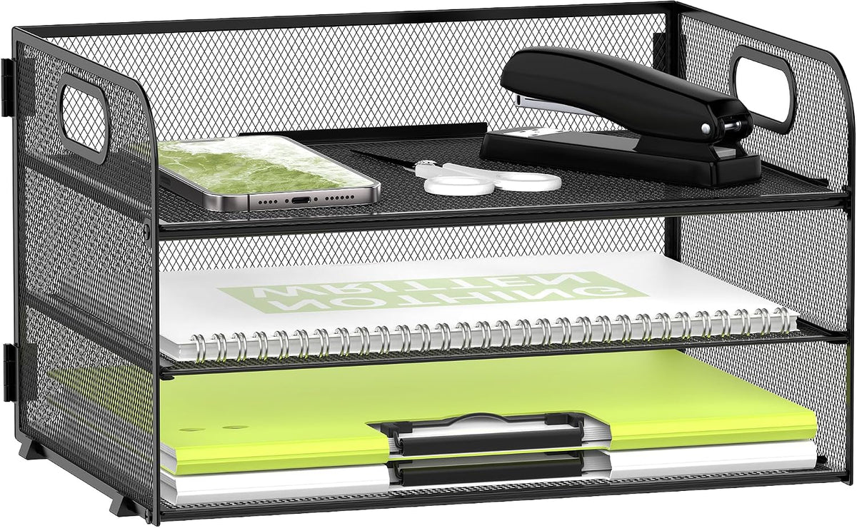 3 Tier Paper Organizer for Desk, Sliding Paper Trays, Black