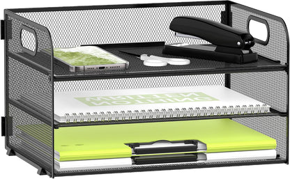 3 Tier Paper Organizer for Desk, Sliding Paper Trays, Black