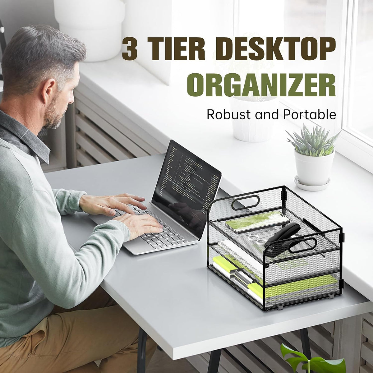 3 Tier Paper Organizer for Desk, Sliding Paper Trays, Black