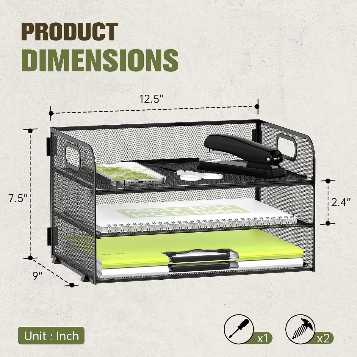 3 Tier Paper Organizer for Desk, Sliding Paper Trays, Black