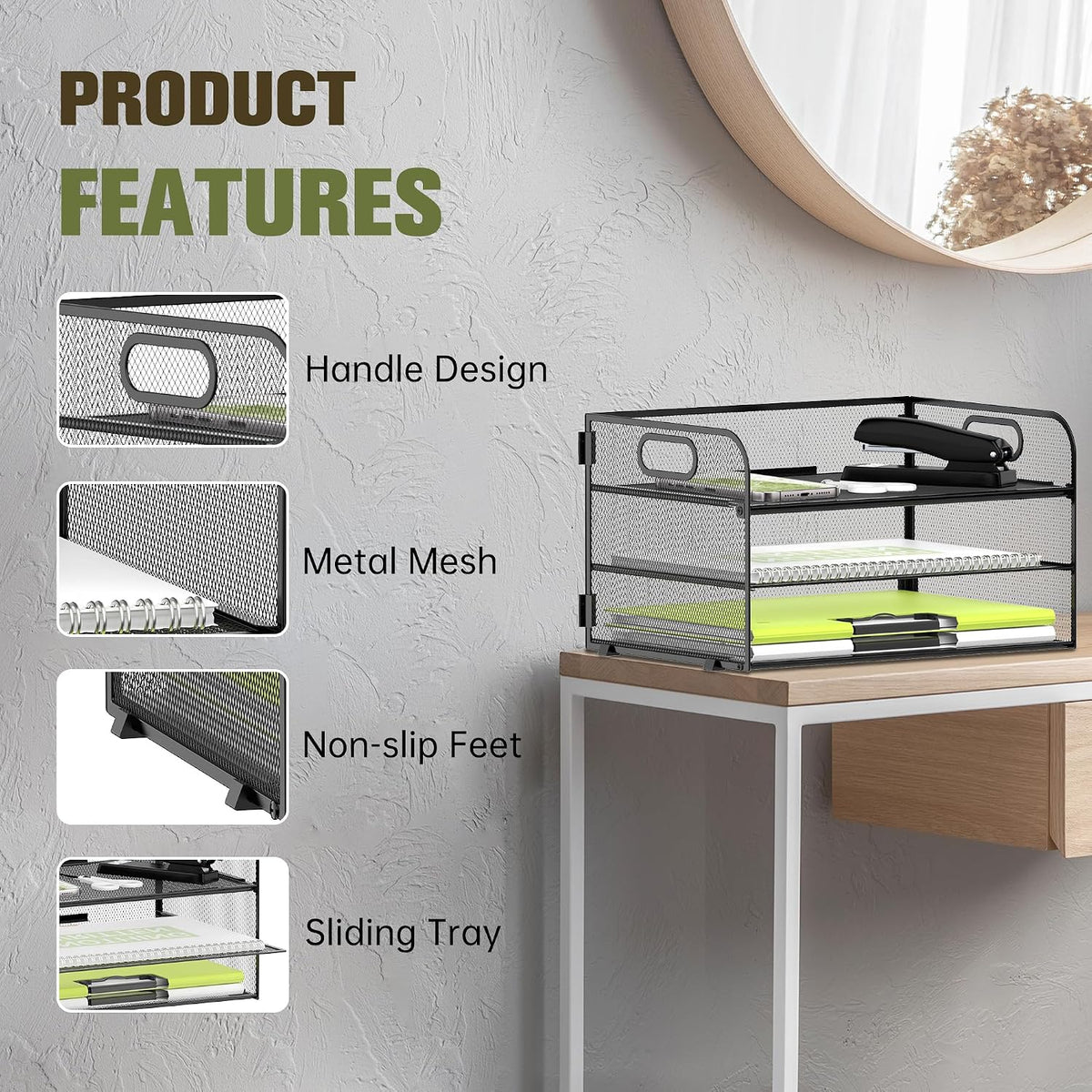 3 Tier Paper Organizer for Desk, Sliding Paper Trays, Black