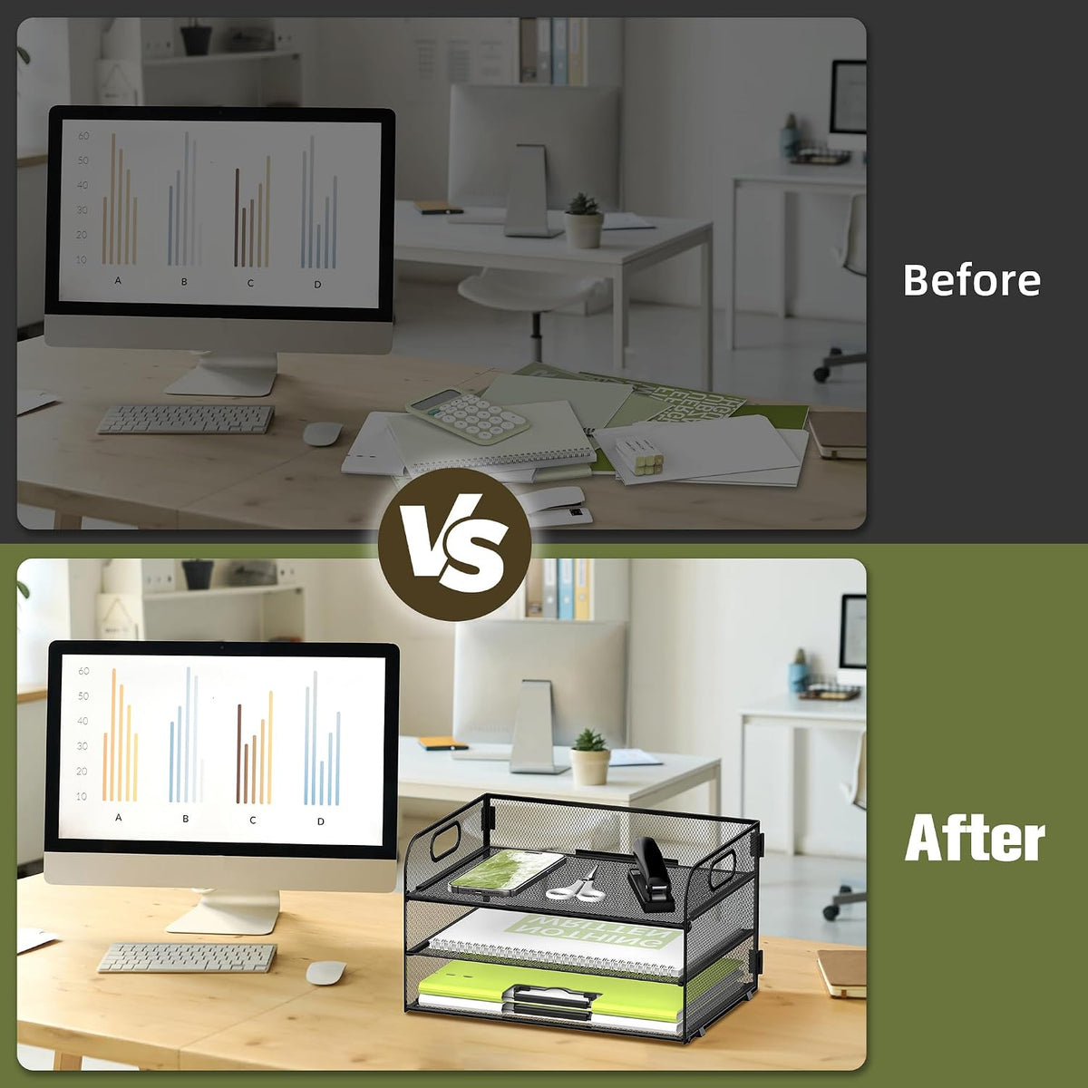 3 Tier Paper Organizer for Desk, Sliding Paper Trays, Black