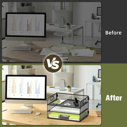 3 Tier Paper Organizer for Desk, Sliding Paper Trays, Black