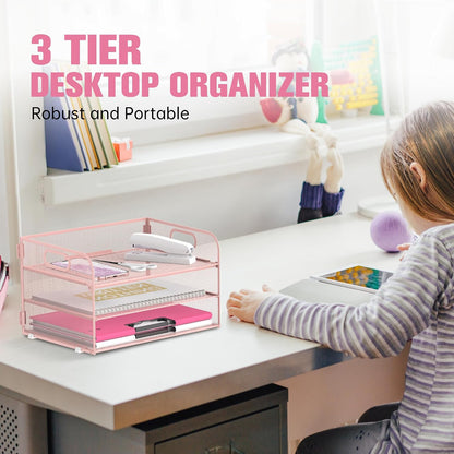 3 Tier Paper Organizer for Desk, Sliding Paper Trays, Black