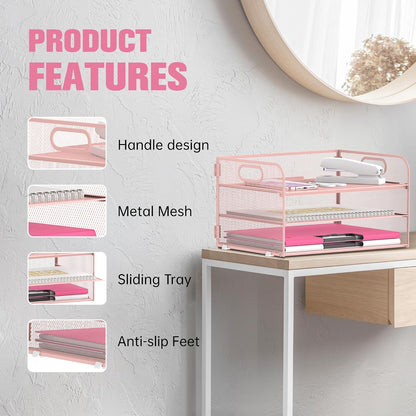 3 Tier Paper Organizer for Desk, Sliding Paper Trays, Black