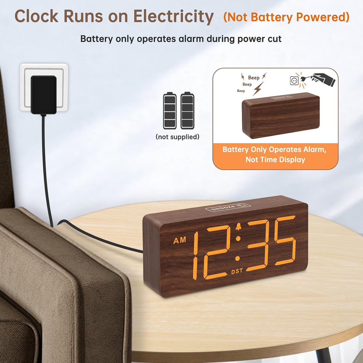 Wooden Digital Alarm Clock for Bedroom with Large Numbers