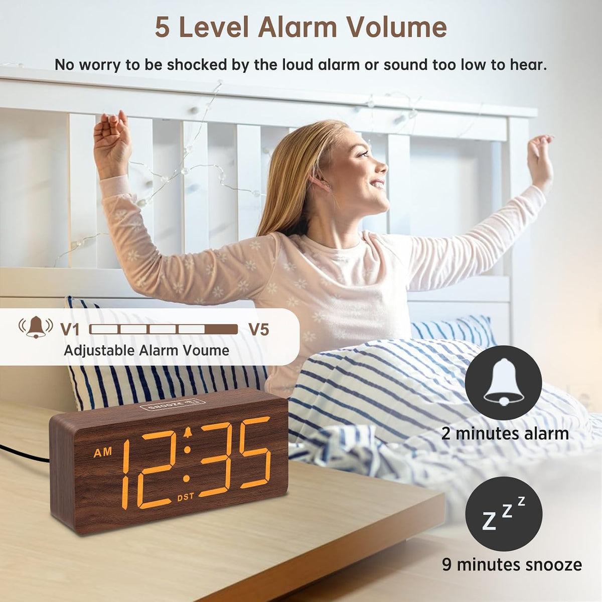 Wooden Digital Alarm Clock for Bedroom with Large Numbers