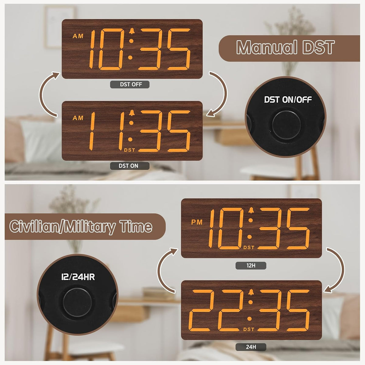 Wooden Digital Alarm Clock for Bedroom with Large Numbers