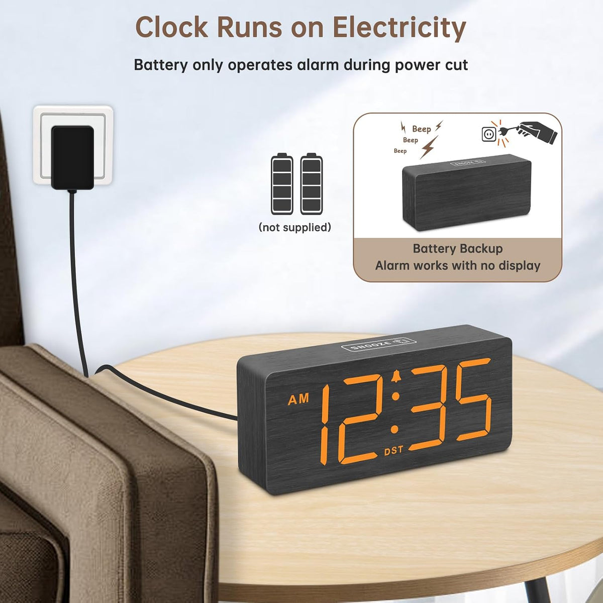 Wooden Digital Alarm Clock for Bedroom with Large Numbers