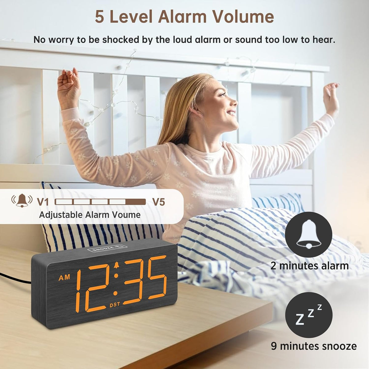 Wooden Digital Alarm Clock for Bedroom with Large Numbers