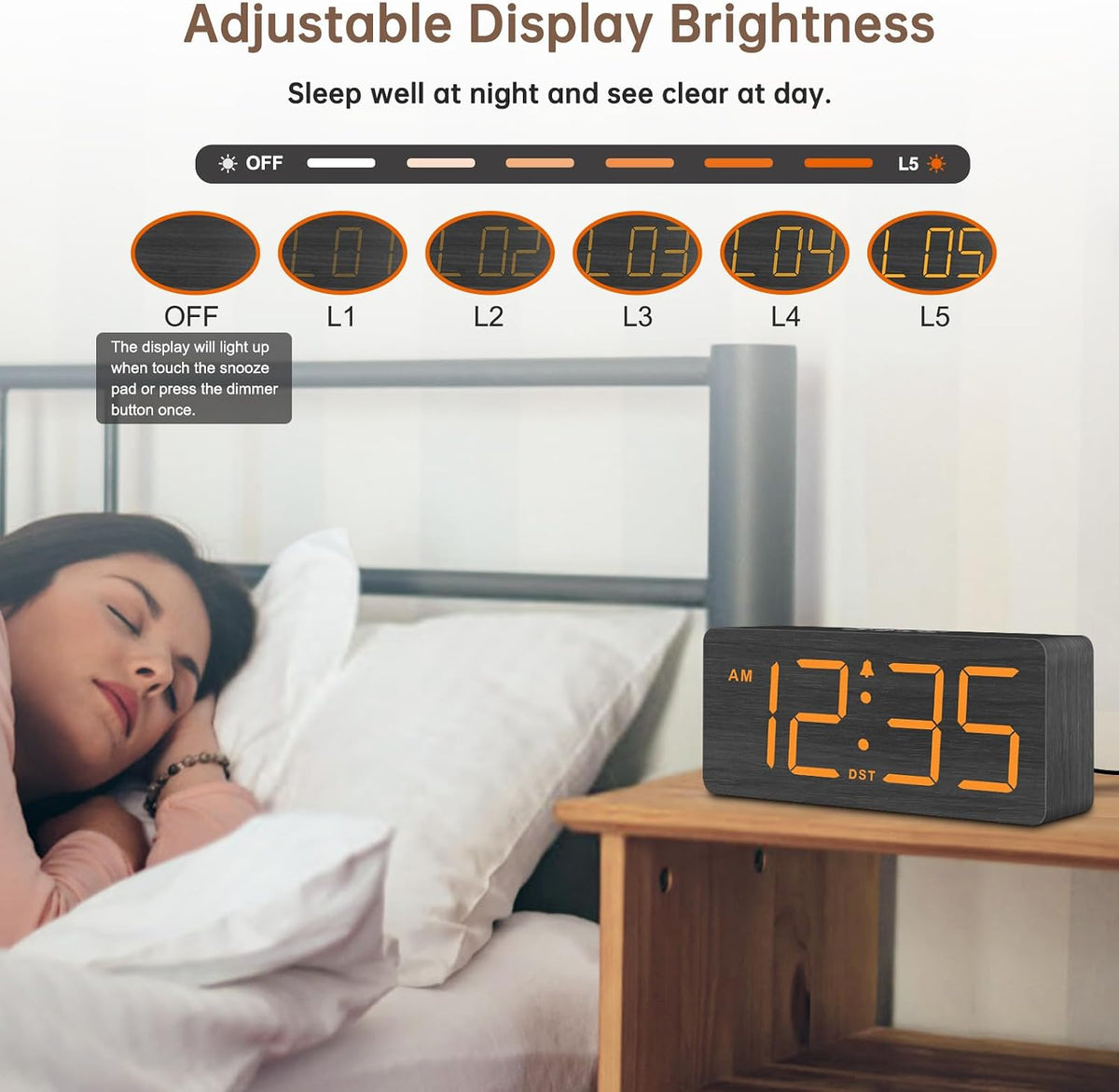 Wooden Digital Alarm Clock for Bedroom with Large Numbers