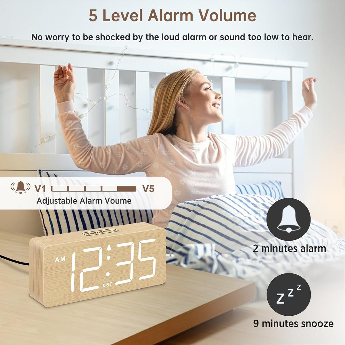 Wooden Digital Alarm Clock for Bedroom with Large Numbers