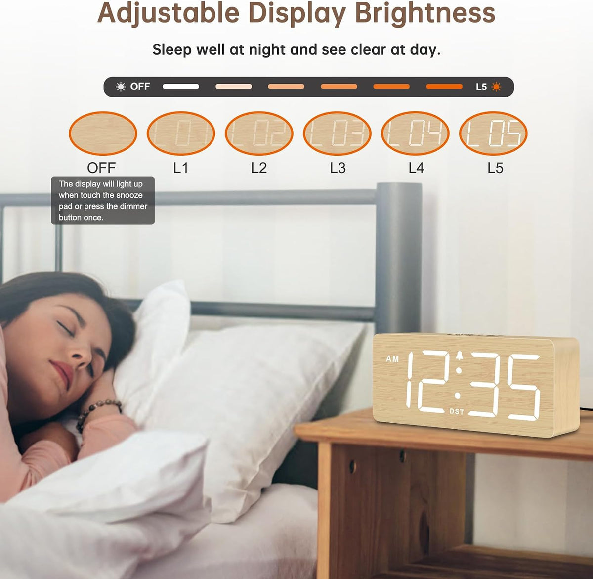 Wooden Digital Alarm Clock for Bedroom with Large Numbers