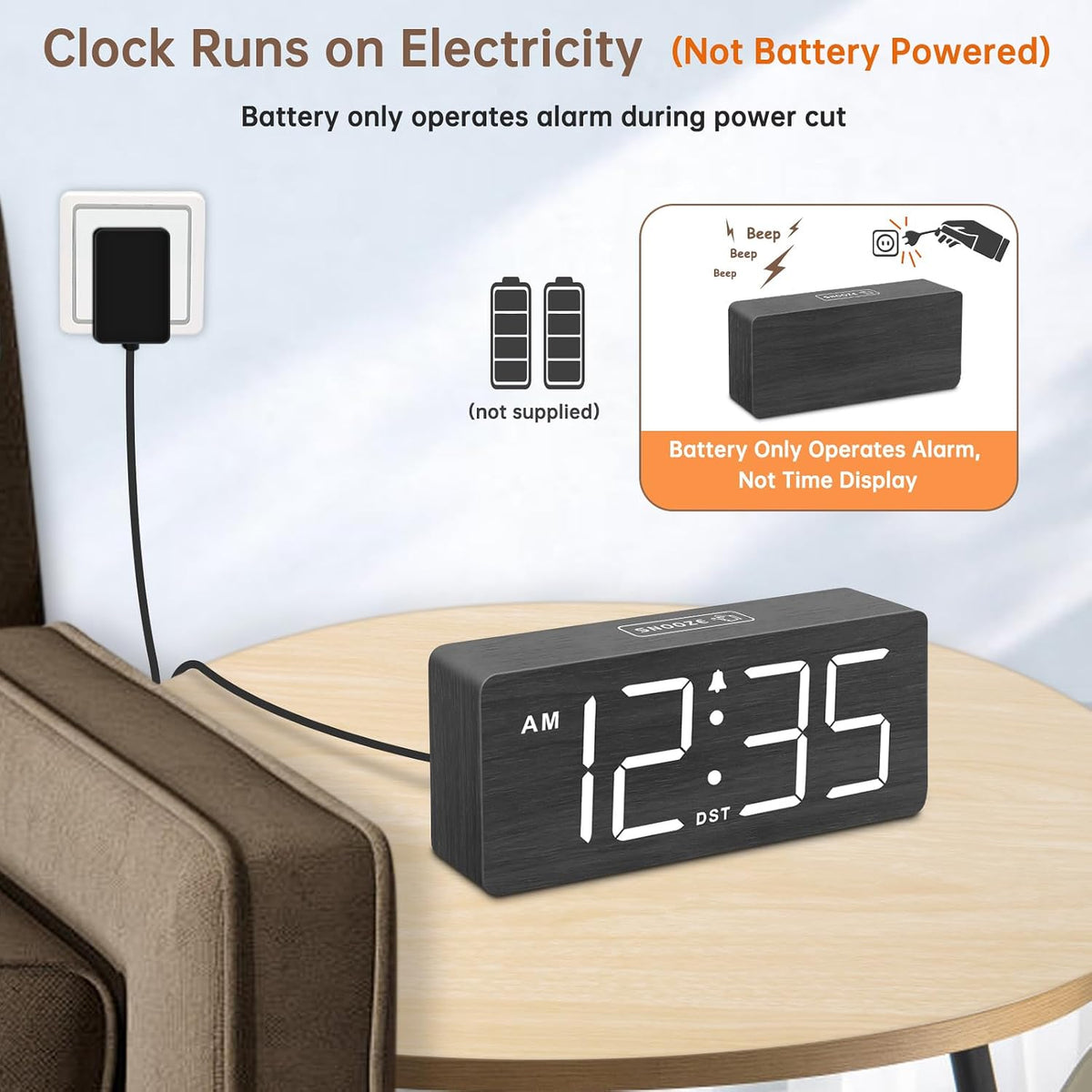 Wooden Digital Alarm Clock for Bedroom with Large Numbers