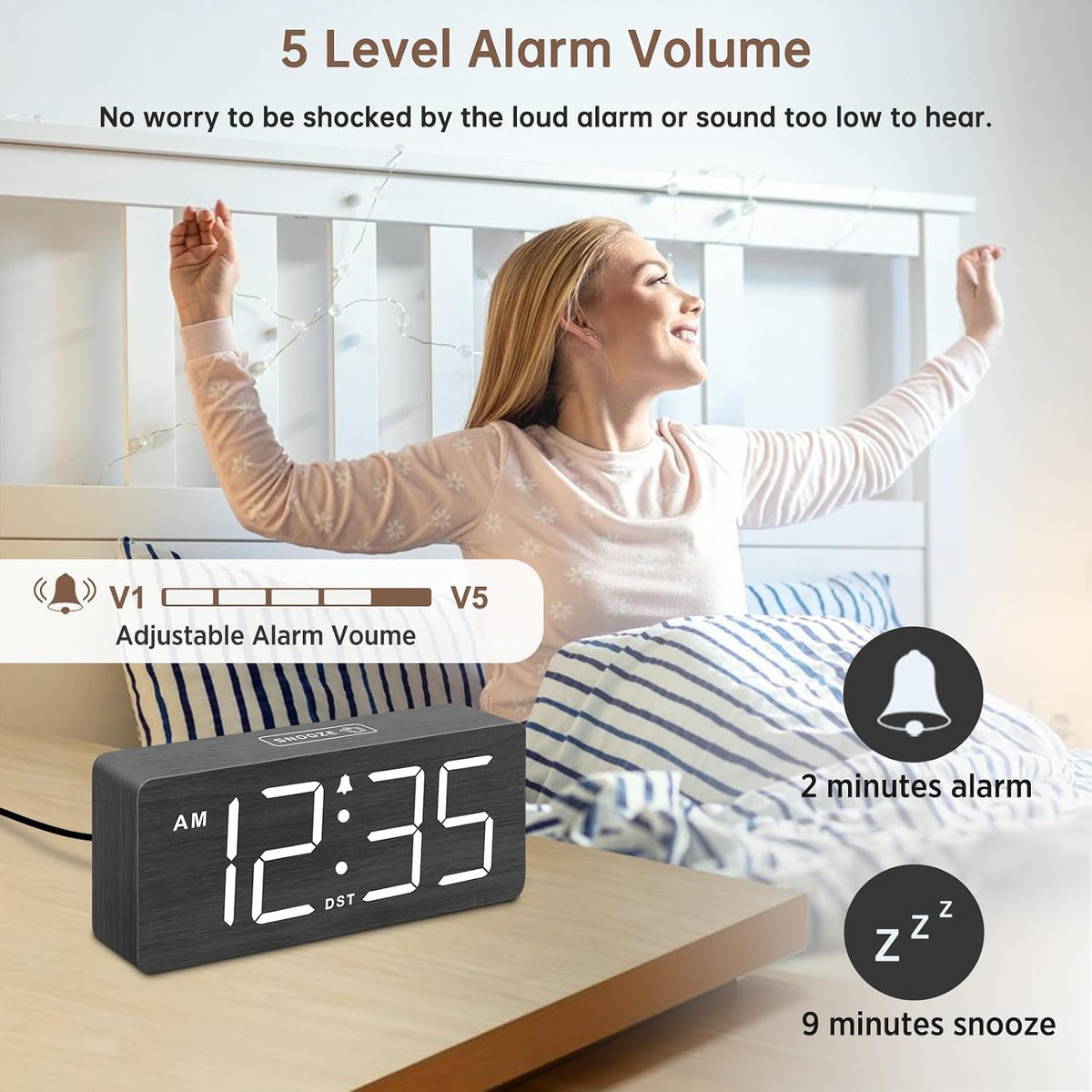 Wooden Digital Alarm Clock for Bedroom with Large Numbers