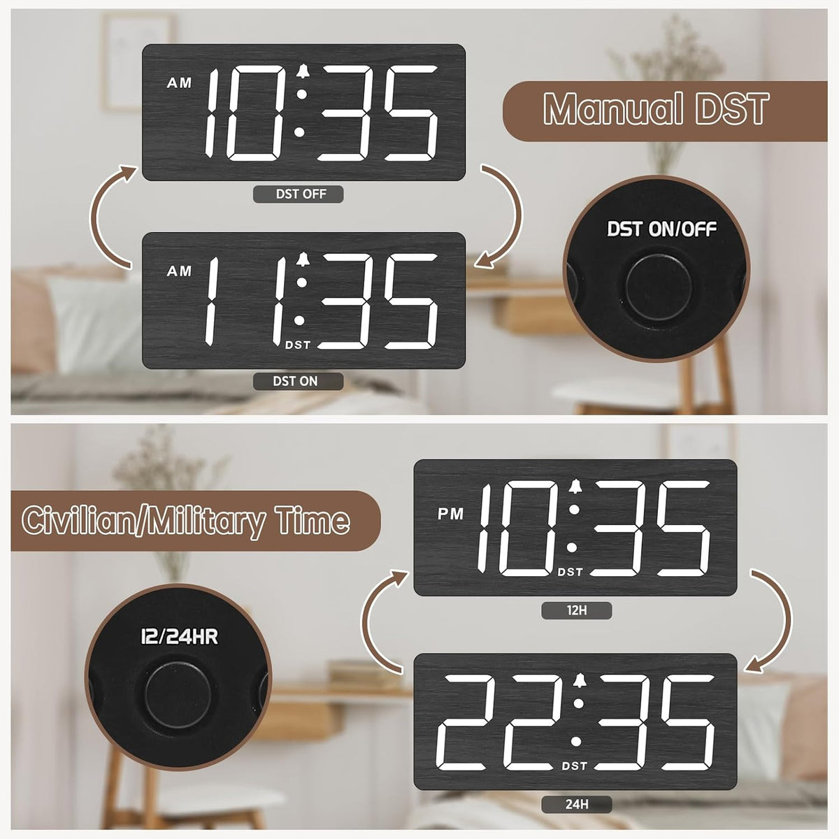 Wooden Digital Alarm Clock for Bedroom with Large Numbers