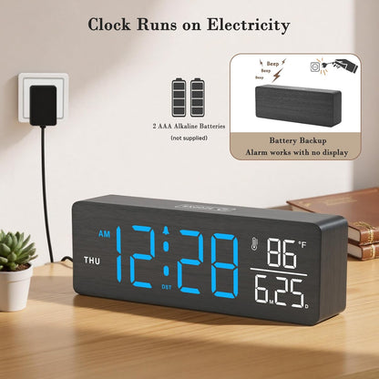 Wooden Digital Alarm Clock for Bedroom with Large Numbers