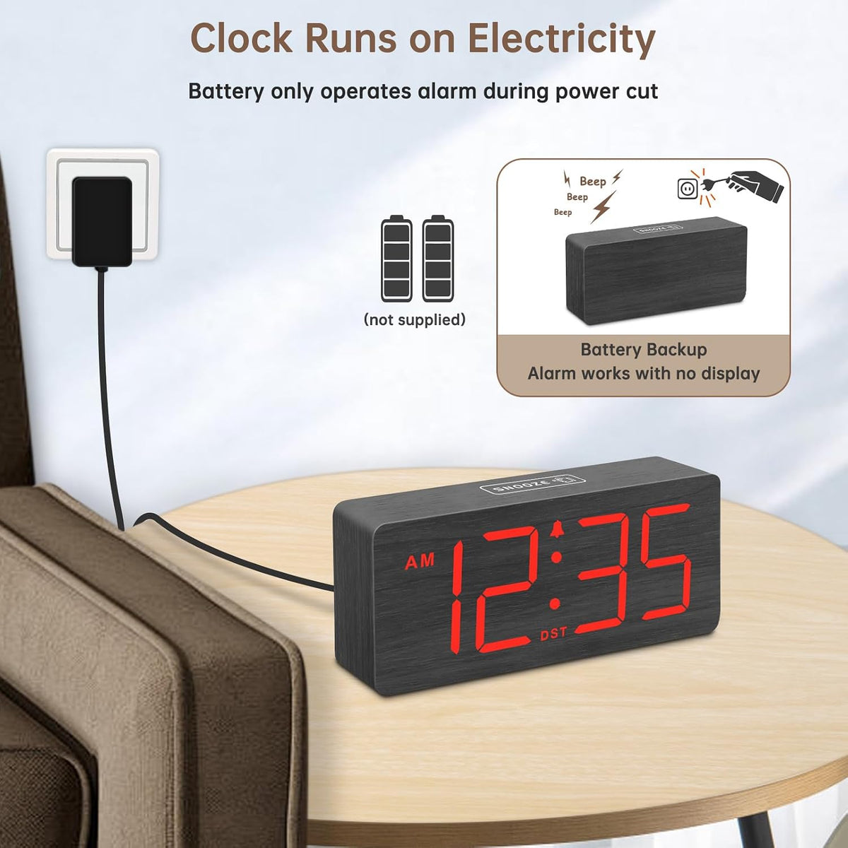 Wooden Digital Alarm Clock for Bedroom with Large Numbers