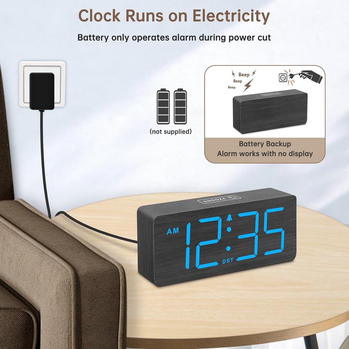 Wooden Digital Alarm Clock for Bedroom with Large Numbers