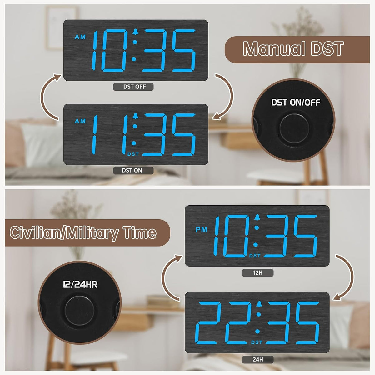 Wooden Digital Alarm Clock for Bedroom with Large Numbers