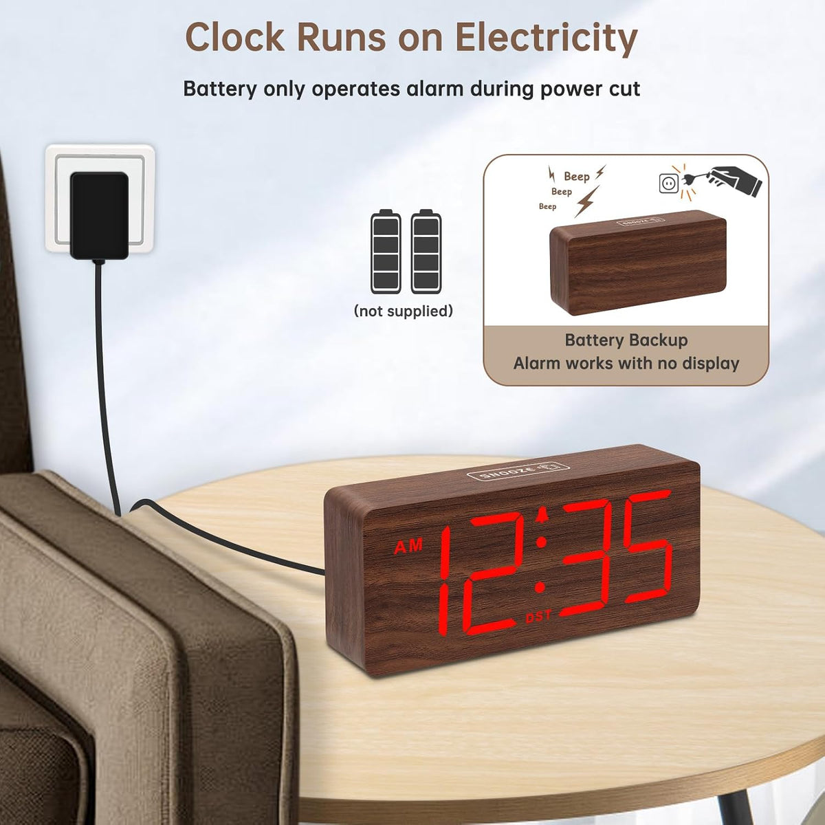 Wooden Digital Alarm Clock for Bedroom with Large Numbers