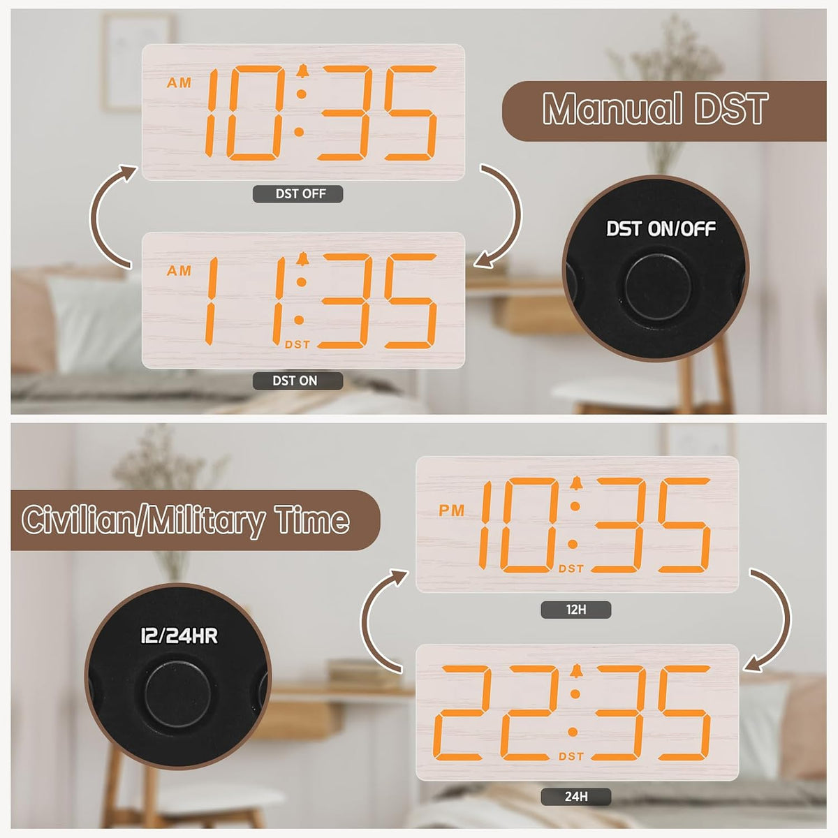 Wooden Digital Alarm Clock for Bedroom with Large Numbers