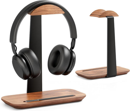 Walnut Headphone Stand, Wood Headset Holder with Storage for Desk