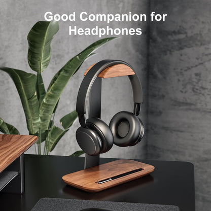 Walnut Headphone Stand, Wood Headset Holder with Storage for Desk