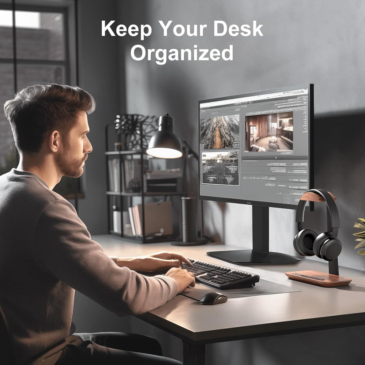 Walnut Headphone Stand, Wood Headset Holder with Storage for Desk