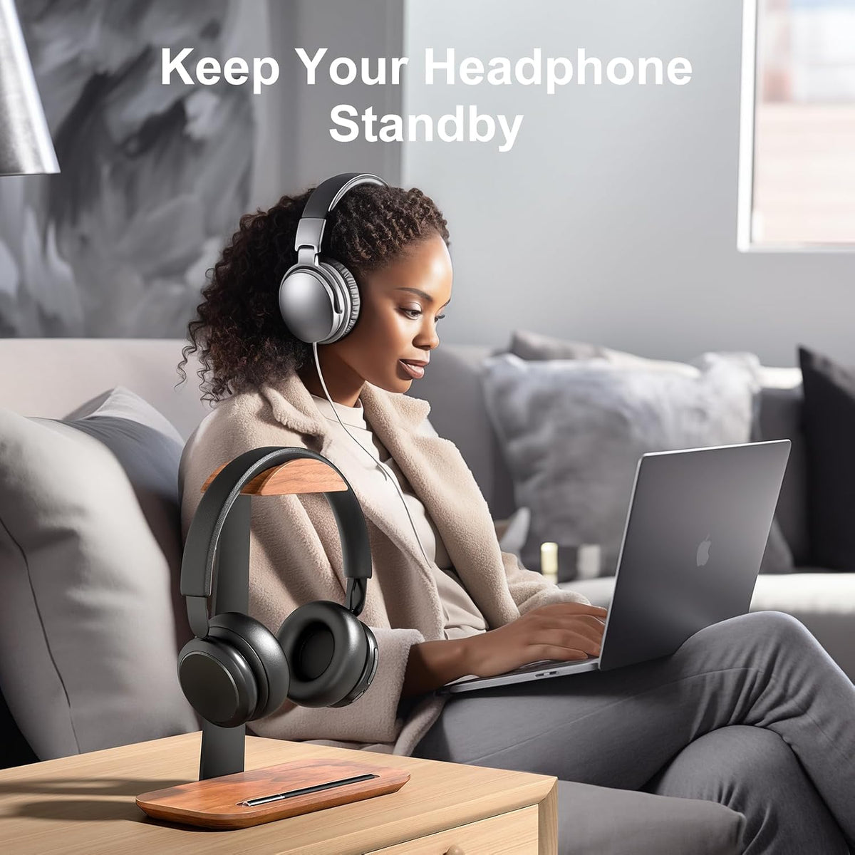 Walnut Headphone Stand, Wood Headset Holder with Storage for Desk