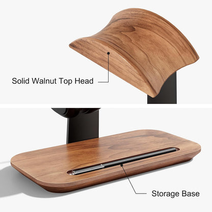 Walnut Headphone Stand, Wood Headset Holder with Storage for Desk