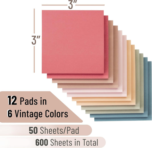 Sticky Notes, 3"x3", 12 Pads, 600 Sheets, Vintage Colors