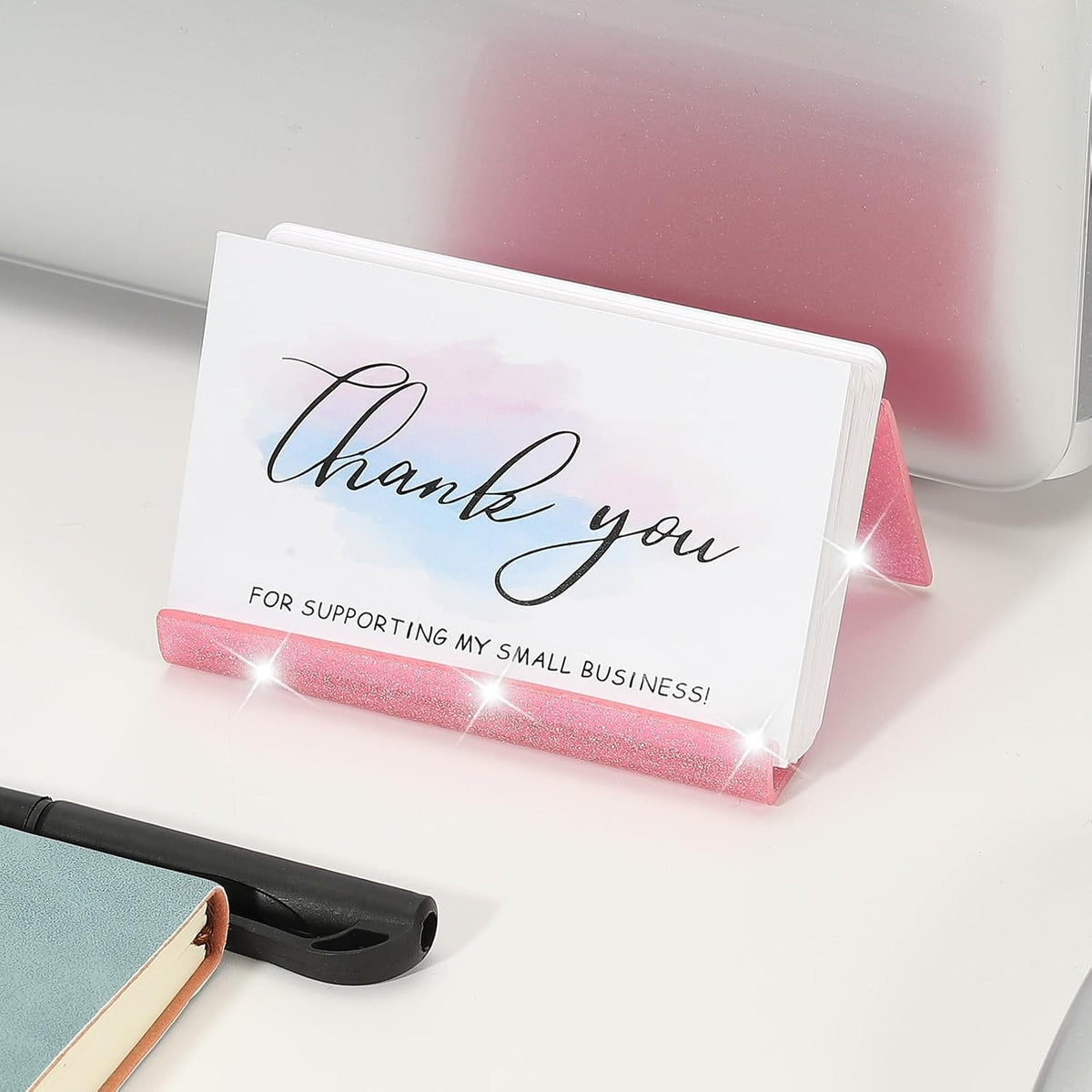 Business Card Holder for Desk, Acrylic Business Card Holders Shine Card Stand Organizer Cards Display for Office Exhibition, Pink