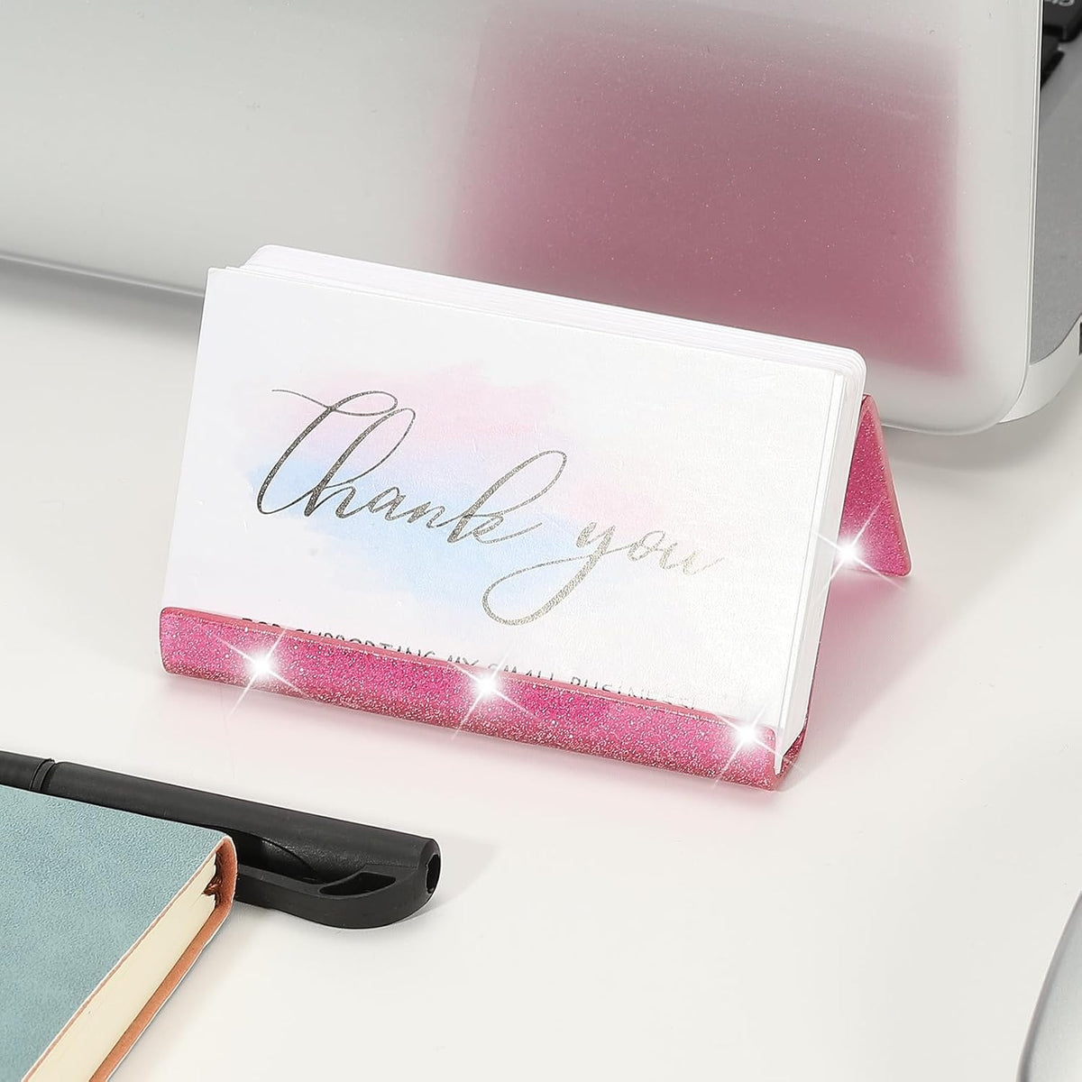 Business Card Holder for Desk, Acrylic Business Card Holders Shine Card Stand Organizer Cards Display for Office Exhibition, Pink