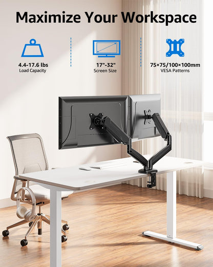 Dual Monitor Stand for Desk, Monitor Arms for 2 Monitors 32 27 24 22 Inches, Height Adjustable Double Monitor Mount, VESA Mount with C-Clamp & Grommet Base, Holds 4.4-17.6lbs