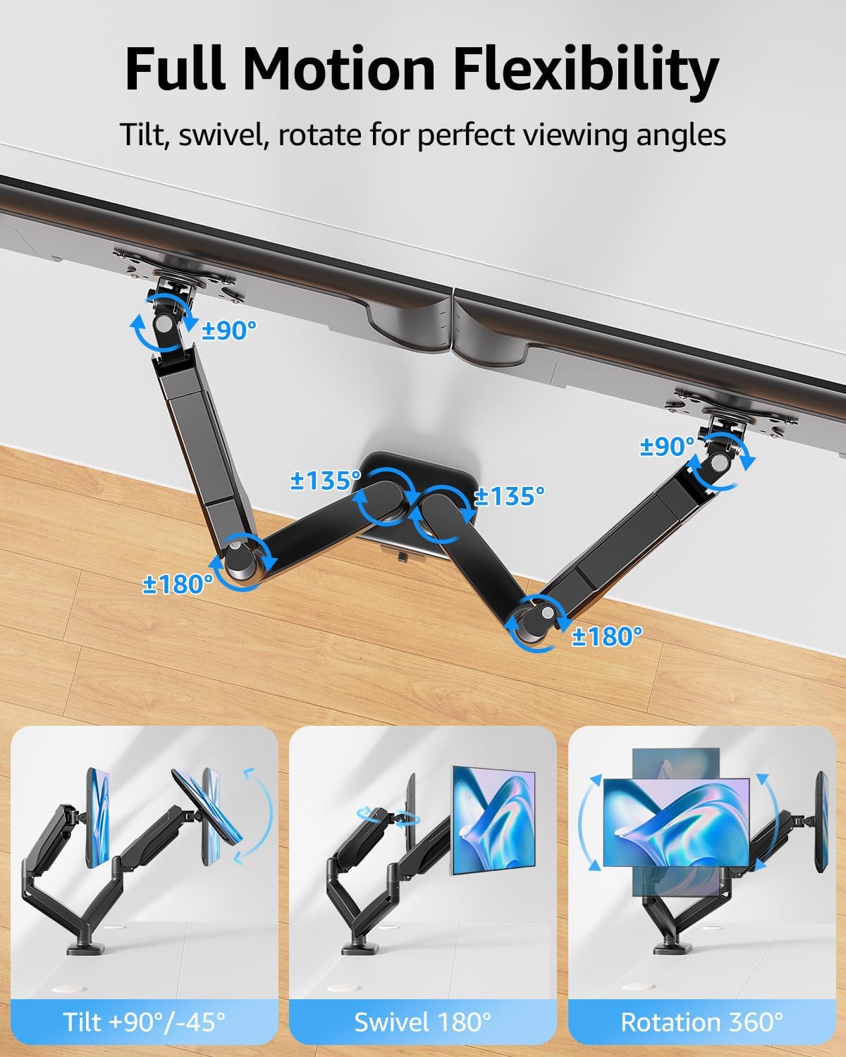 Dual Monitor Stand for Desk, Monitor Arms for 2 Monitors 32 27 24 22 Inches, Height Adjustable Double Monitor Mount, VESA Mount with C-Clamp & Grommet Base, Holds 4.4-17.6lbs