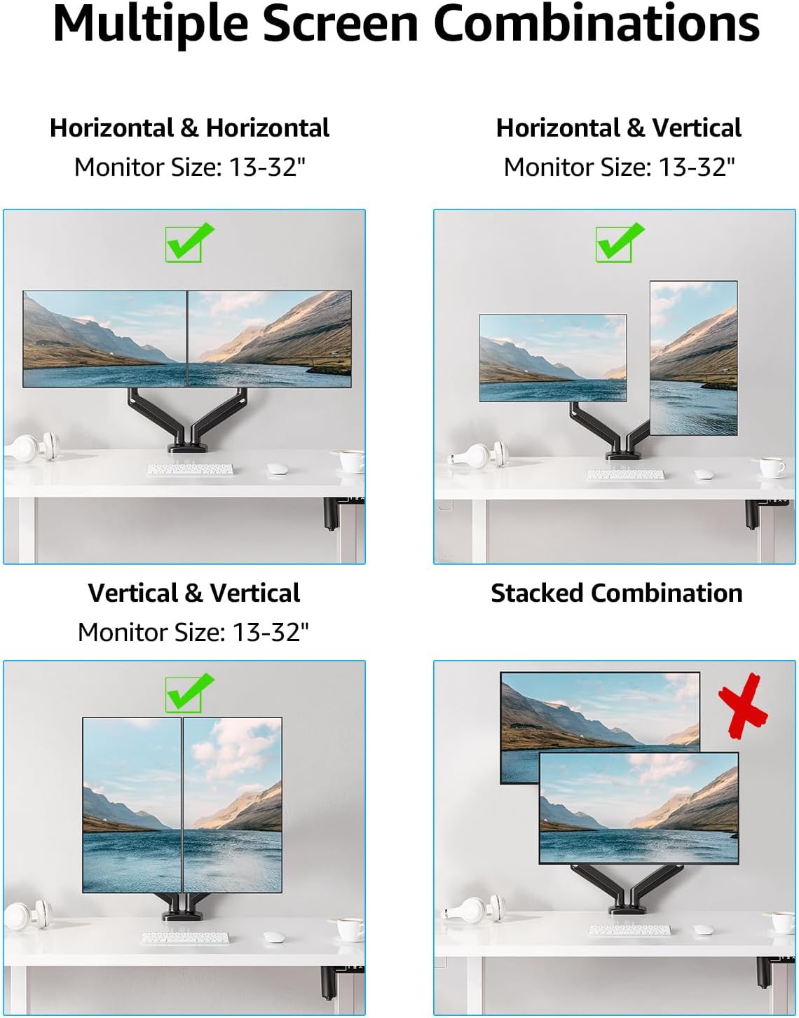 Dual Monitor Stand for Desk, Monitor Arms for 2 Monitors 32 27 24 22 Inches, Height Adjustable Double Monitor Mount, VESA Mount with C-Clamp & Grommet Base, Holds 4.4-17.6lbs