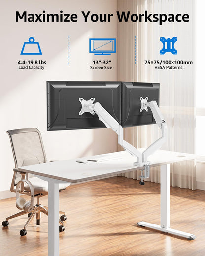 Dual Monitor Stand for Desk, Monitor Arms for 2 Monitors 32 27 24 22 Inches, Height Adjustable Double Monitor Mount, VESA Mount with C-Clamp & Grommet Base, Holds 4.4-17.6lbs