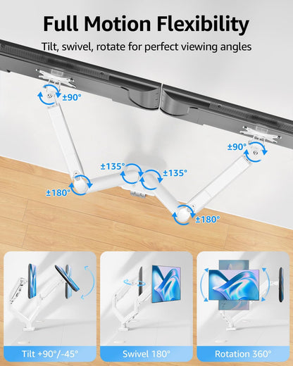 Dual Monitor Stand for Desk, Monitor Arms for 2 Monitors 32 27 24 22 Inches, Height Adjustable Double Monitor Mount, VESA Mount with C-Clamp & Grommet Base, Holds 4.4-17.6lbs