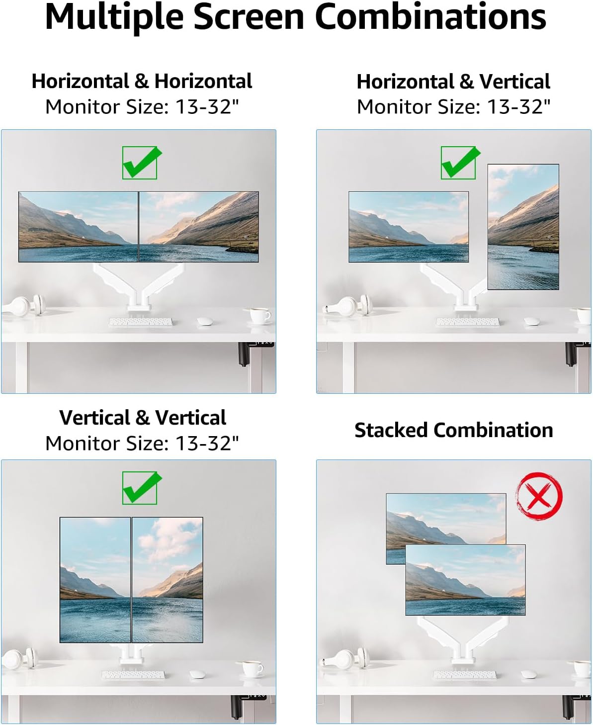 Dual Monitor Stand for Desk, Monitor Arms for 2 Monitors 32 27 24 22 Inches, Height Adjustable Double Monitor Mount, VESA Mount with C-Clamp & Grommet Base, Holds 4.4-17.6lbs