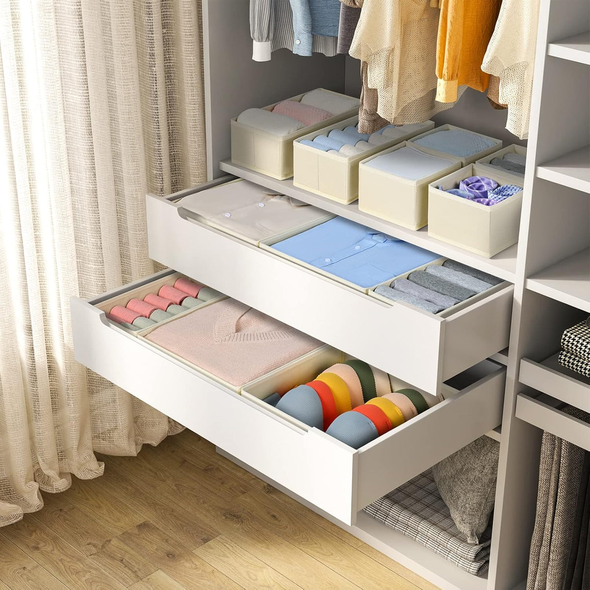 Drawer Organizer Clothes, Dresser Organizer, Foldable Closet Organizers and Storage, Fabric Dresser Bins, Drawer Dividers for Nursery, Baby Clothes, Underwears, Sock (Beige)